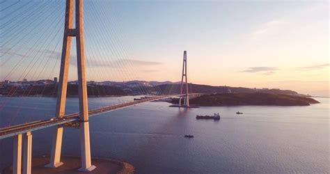 Great Aerial View Of The Russky Bridge, The World's Longest Cable ...