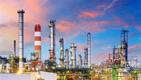 Petrochemical plant at night, oil and gas industrial Stock Photo by ...