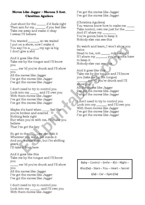 Moves Like Jagger - Song Exercise - ESL worksheet by ptmr