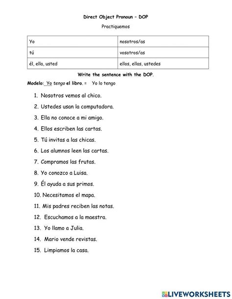 Indirect Object Pronoun Worksheet Spanish - Worksheets Library