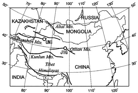 Fig. +. Location of the July +st Glacier (J+G) in the Qilian mountains ...