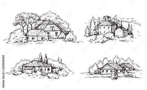 Rural Scene with Houses and Trees Sketch Stock Vector | Adobe Stock