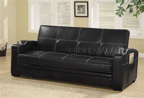 Black Vinyl Modern Sofa Bed Convertible w/White Stitching