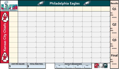 Free printable 2023 Super Bowl Squares template sheet. Chiefs vs ...