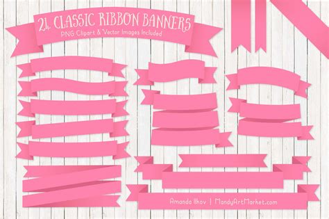 Classic Ribbon Banner Clipart in Pink By Amanda Ilkov | TheHungryJPEG