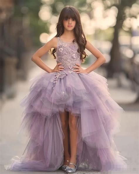 2017 Hi Lo Flower Girls Dress for Teens 3D Floral Appliques Hand Made Flowers Purple Ball Gown ...