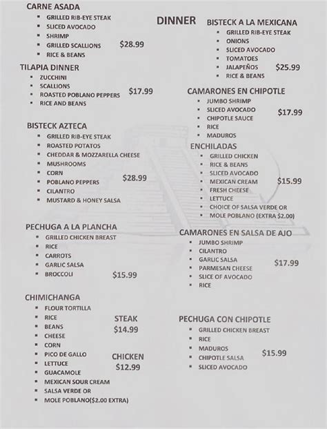 Menu at Azteca restaurant, Rutherford