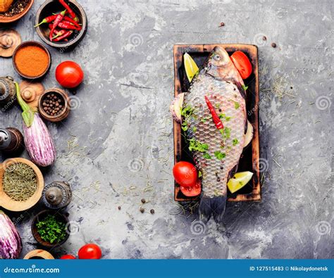 Fresh Raw Fish and Food Ingredients Stock Image - Image of rustic ...