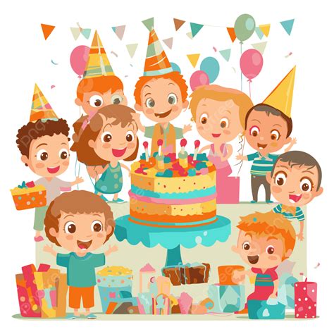 Birthday Party Clipart Children In The Foreground Surrounded By A Cake ...