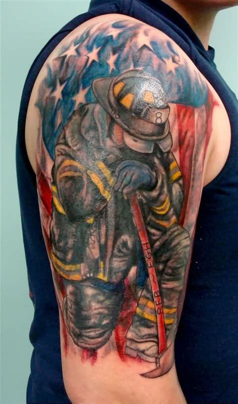 USA Flag With Firefighter Tattoo On Right Half Sleeve | Fire fighter tattoos, Fire tattoo ...