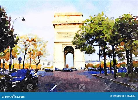 Watercolor of the Arc De Triomphe in Paris Stock Photo - Image of ...