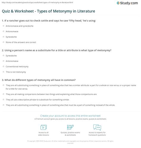 Quiz & Worksheet - Types of Metonymy in Literature | Study.com