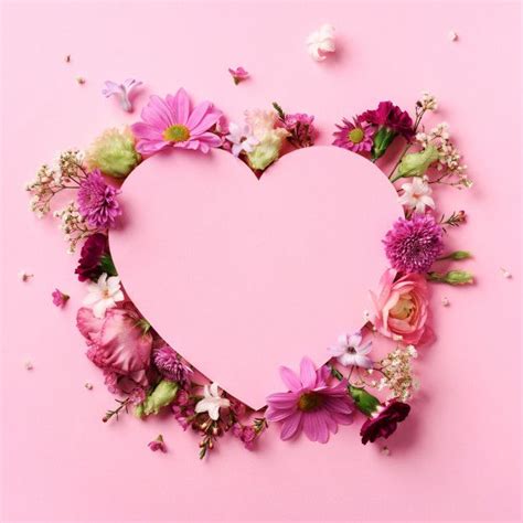 Creative Layout With Pink Flowers, Paper Heart Over Punchy Pastel Background. Valentines Day ...