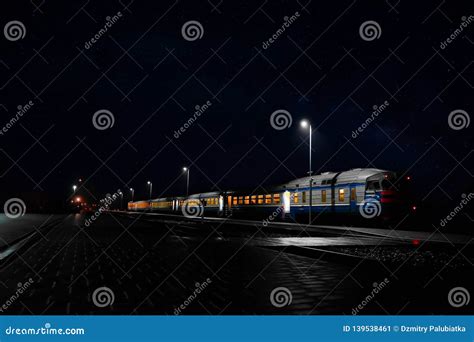 Train on the Railway Platform of the Station at Night Stock Image ...