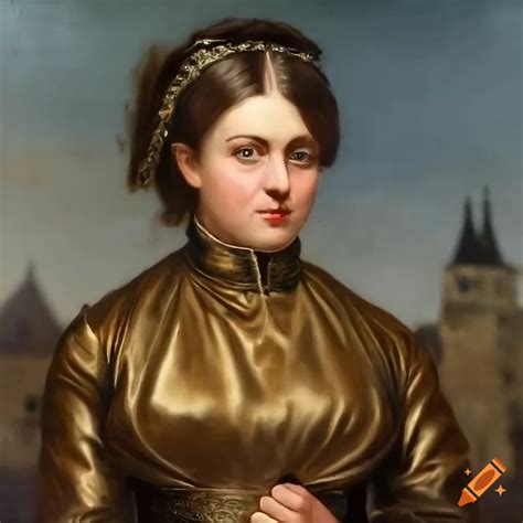 1800s oil painting of a young woman in shiny leather clothing with medieval town in the ...