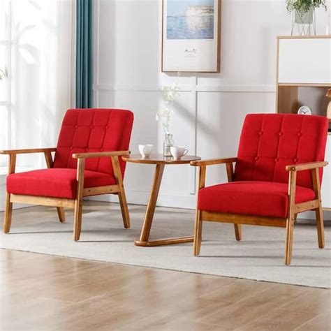 28 in. Modern Red Upholstered Linen Arm Chair with Round Side Table Wood (Set of 3) XS ...
