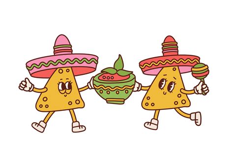 Funny retro cartoon characters Nachos holding tomato salsa sauce bowl. Mexican food mascot ...