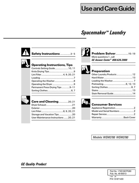 GE SPACEMAKER WSM2700 USE AND CARE MANUAL Pdf Download | ManualsLib