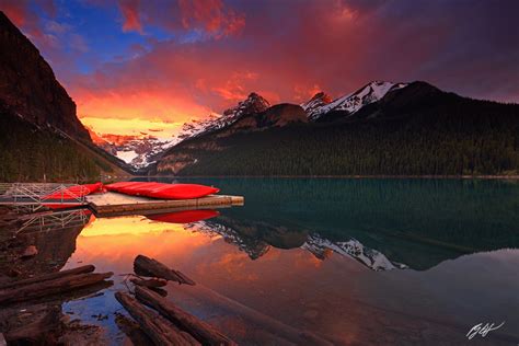 M389 Sunrise and Canoes Reflected in Lake Louise, Banff, Canada | Randall J Hodges Photography