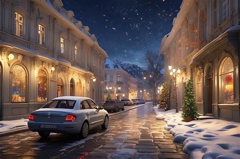 Premium AI Image | A painting of a snowy street with a colorful scene of a town and the words ...