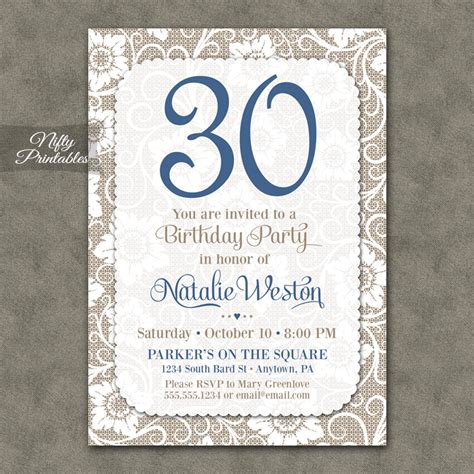 White Lace Blue Birthday Invitations - Nifty Printables