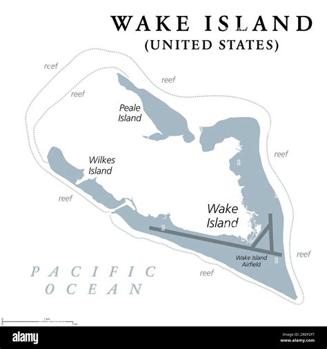 Wake Island, gray political map. Also called Wake Atoll, a coral atoll in the Pacific in the ...