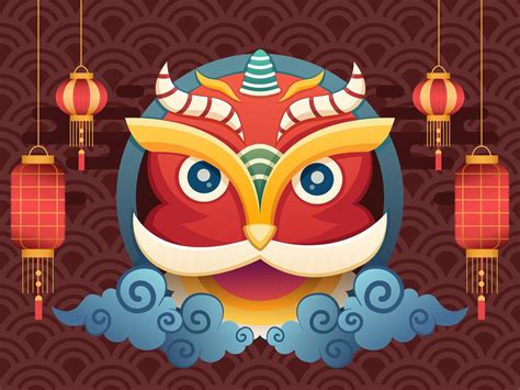 Chinese Lion Dance Mask Illustration with red color and hanging chinese traditional lamp. can be ...