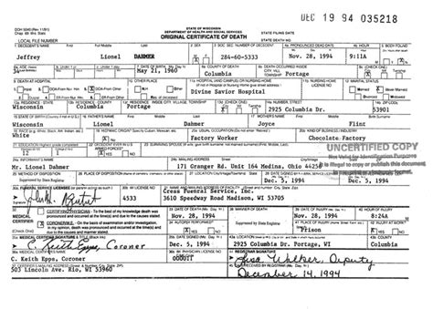 Jeffrey Dahmer Death Certificate DIGITAL DOWNLOAD. - Etsy