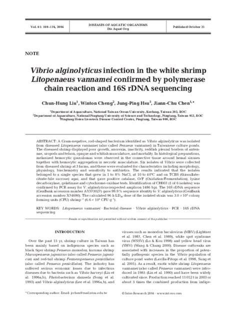 (PDF) Vibrio alginolyticus infection in the white shrimp Litopenaeus vannamei confirmed by ...