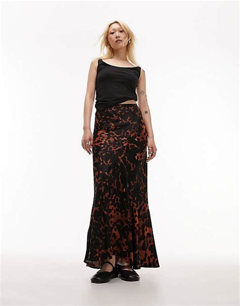 Topshop Petite satin ink animal front fishtail skirt in multi | ASOS