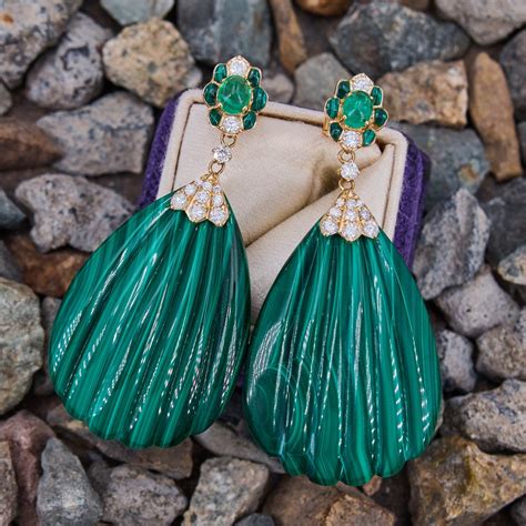 Malachite Emerald & Diamond Statement Drop Earrings 14K Yellow Gold