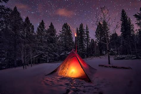 HD wallpaper: red tent, winter, snow, sky, trees, night, forest, camping, nature | Wallpaper Flare