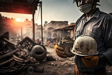 Construction worker holding a safety helmet. Neural network AI generated 23135774 Stock Photo at ...