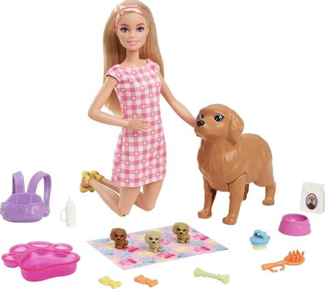 Barbie Doll & Newborn Pups Playset with Mom Dog, 3 Color-Change Puppies & 11 Accessories, Blonde ...