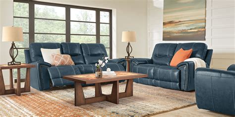 Italo Blue Leather 7 Pc Living Room with Reclining Sofa - Rooms To Go