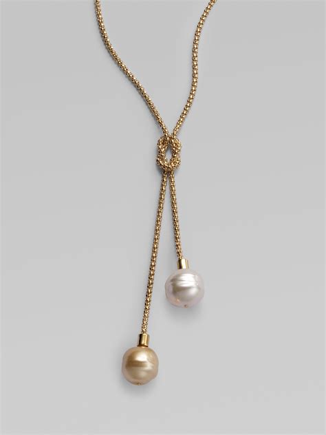 Majorica 14mm White and Champagne Baroque Pearl Lariat Necklace in Gold (baroque pearl) | Lyst