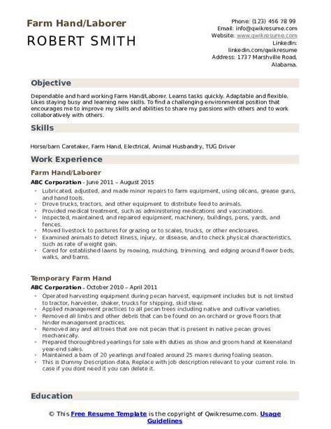 Farm Hand Resume Samples | QwikResume