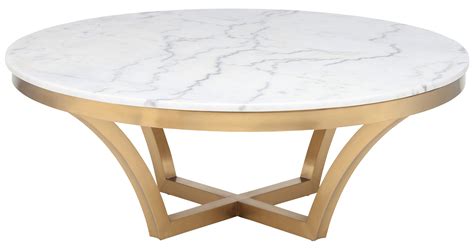 Nuevo Aurora Coffee Table in Brushed Gold Base and White Marble Top - Free Shipping