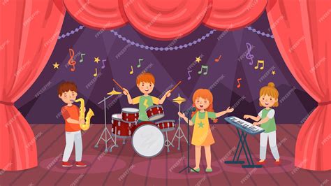 Premium Vector | Cartoon kids music band on theatre stage with curtain ...