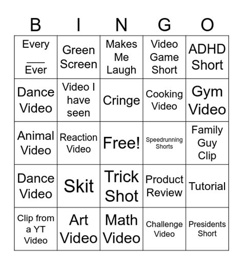 YT Shorts Bingo Card