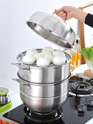 WUWEOT 11" Steamer Pot, 3 Tier Stainless Steel Steaming Pot Dim Sum Cookware, Food Vegetable ...