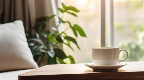 Premium AI Image | The cup on the wooden table in the living room