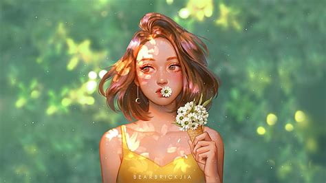 HD wallpaper: digital art, fantasy girl, flowers, green, Karmen Loh ...