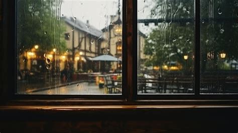 Premium AI Image | Rainy Old City View Through Vintage Wooden Frame ...