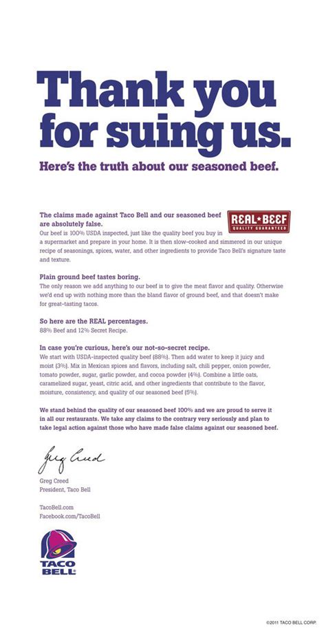 'Thank You For Suing Us': Taco Bell Fights Beef Lawsuit With Full-Page ...