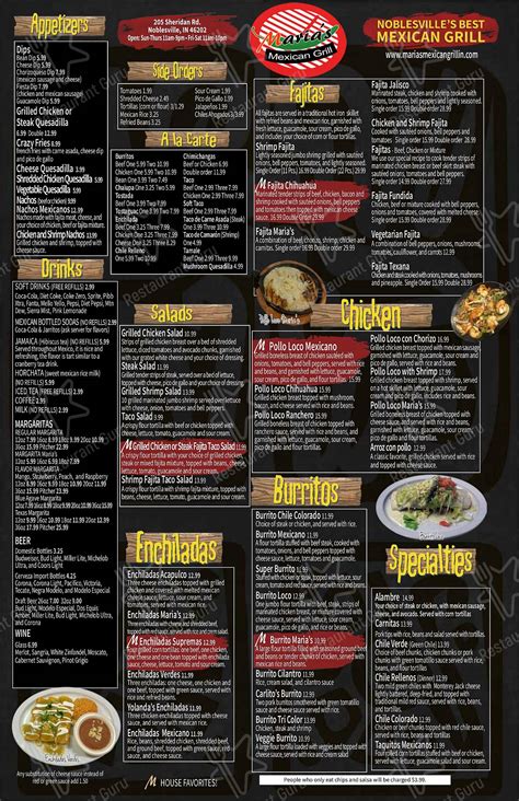 Menu at Maria's Mexican Grill restaurant, Noblesville