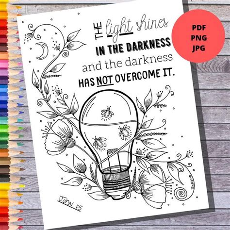 Bible Verse Coloring Page, Printable Instant Download, the Light Shines in the Darkness, John 1: ...