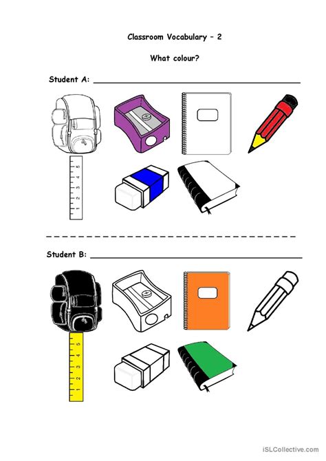 Classroom Vocabulary + Colours: English ESL worksheets pdf & doc