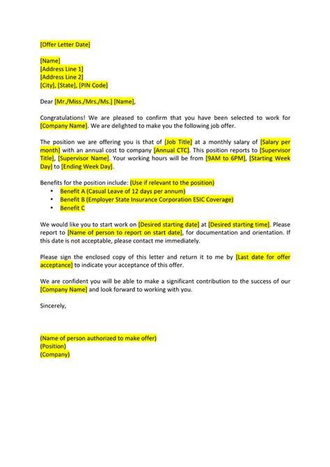 Job offer letter template in Word and Pdf formats