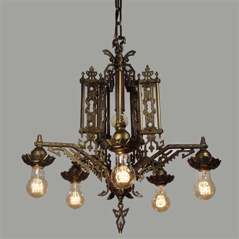 Antique Brass Art Deco Chandelier with Exposed Bulbs, Bakelite